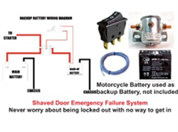 Shaved Door Emergency Release Kit comes with Switch, Magnetic Solenoid, Wiring.  Motorcycle Battery 